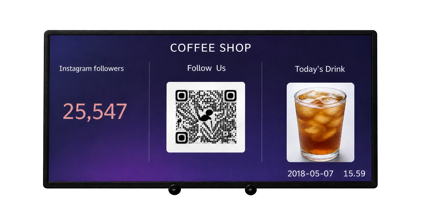 Coffee Shop display showing 25,547 Instagram followers, QR code and Today’s Drink iced tea