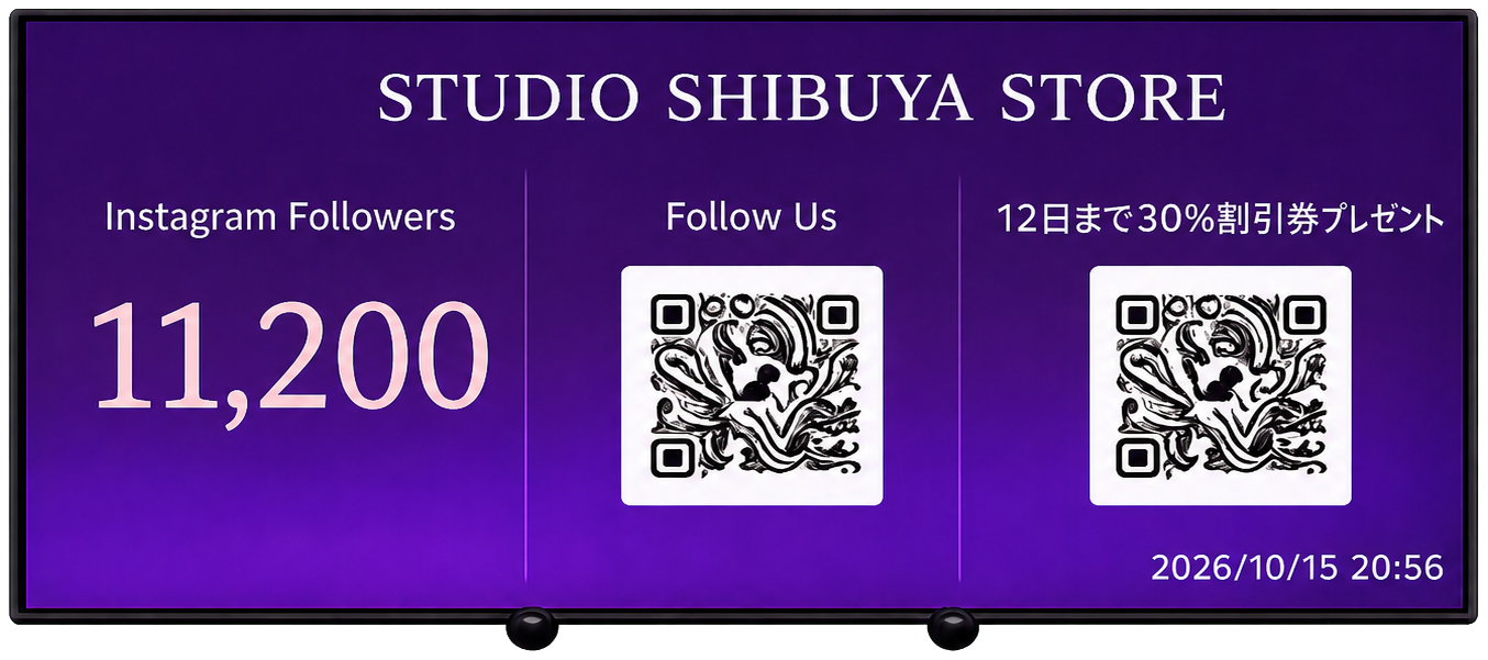 Studio Shibuya Store display showing 11,200 Instagram followers and QR codes